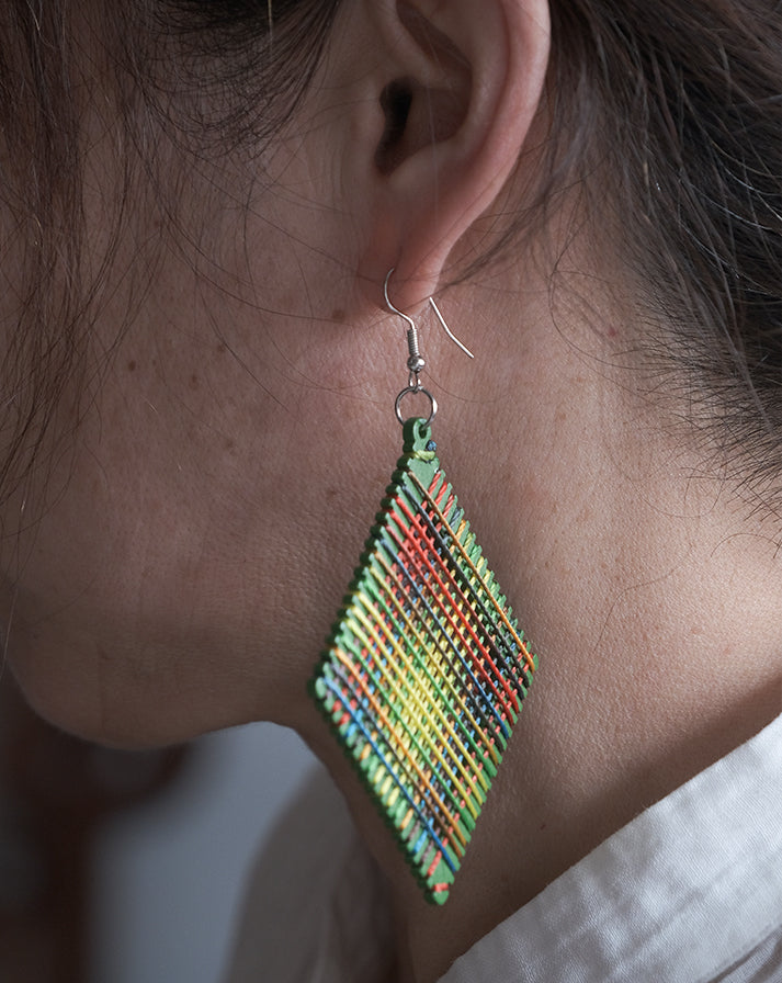 Green block rainbow line earrings