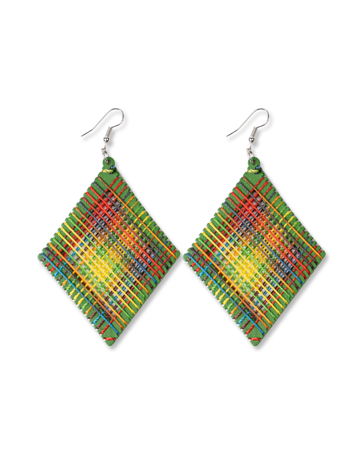 Green block rainbow line earrings