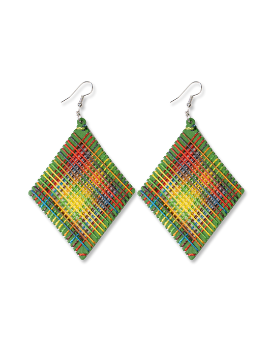 Green block rainbow line earrings