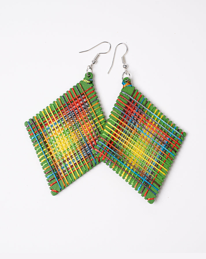 Green block rainbow line earrings