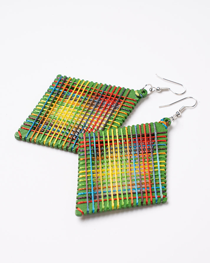 Green block rainbow line earrings