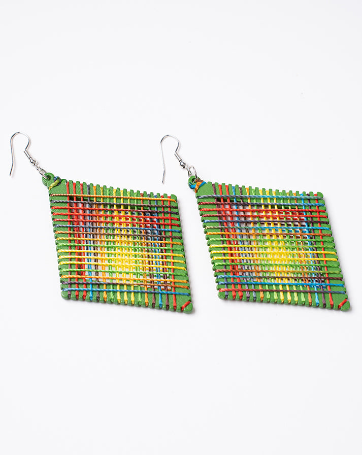 Green block rainbow line earrings