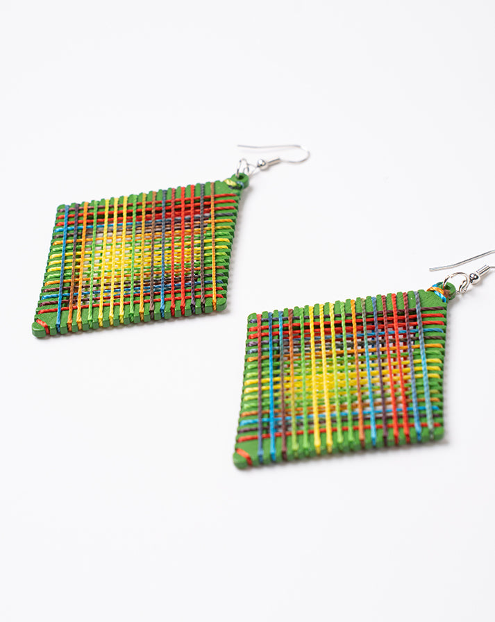 Green block rainbow line earrings