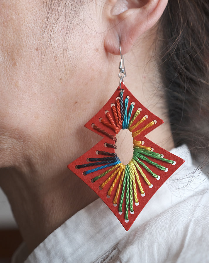 Red square rainbow line earrings