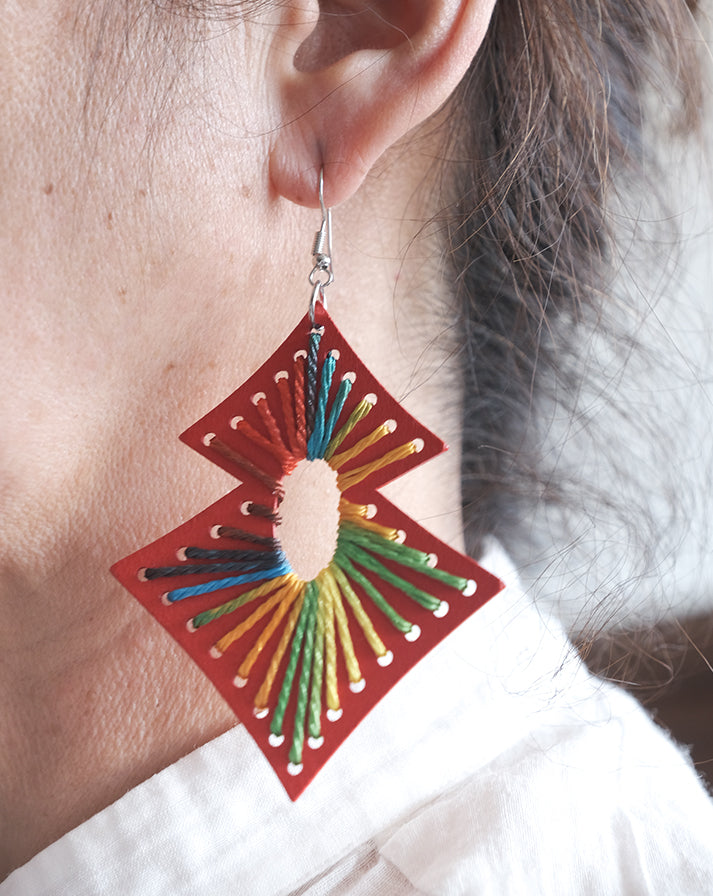 Red square rainbow line earrings