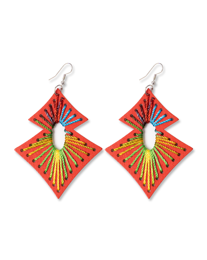 Red square rainbow line earrings