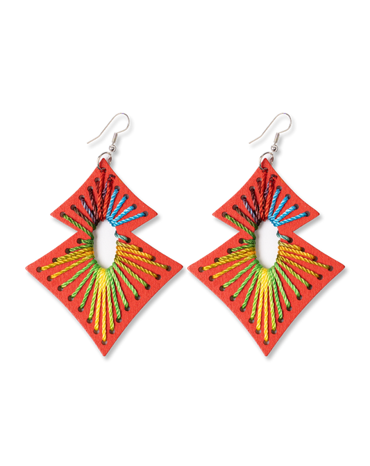 Red square rainbow line earrings