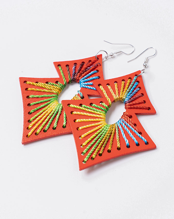 Red square rainbow line earrings