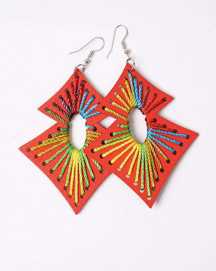 Red square rainbow line earrings