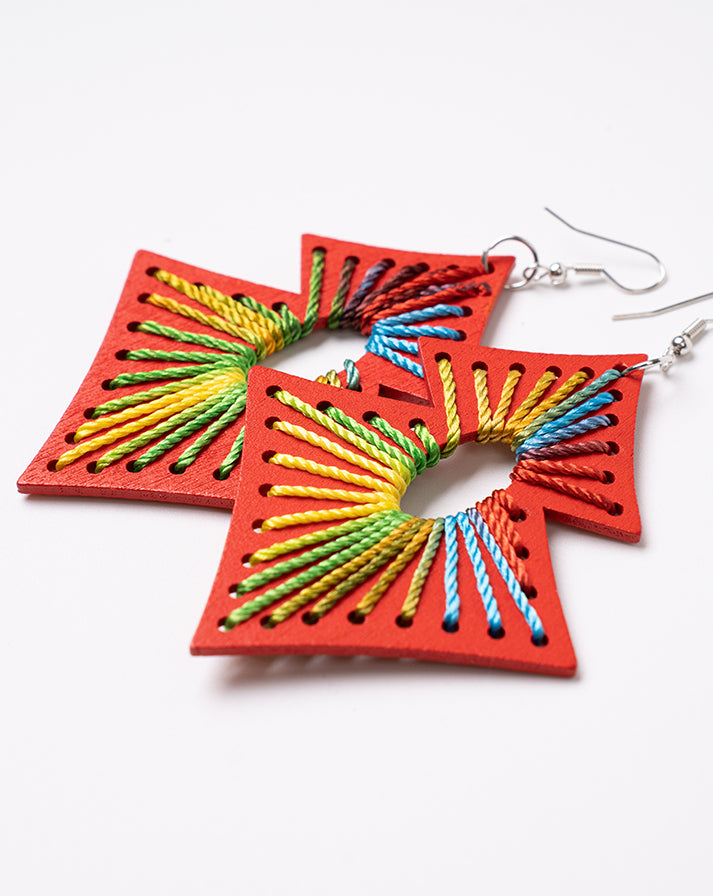 Red square rainbow line earrings