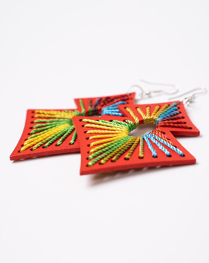 Red square rainbow line earrings