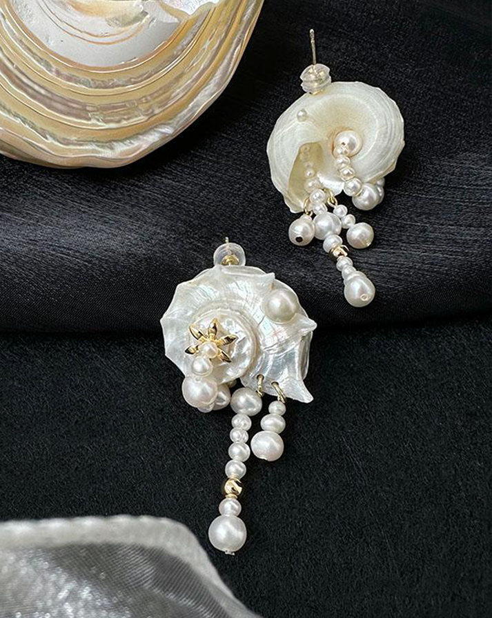 Sral Earrings Withnatural Irregularity Seashells And Freshwater Pearls